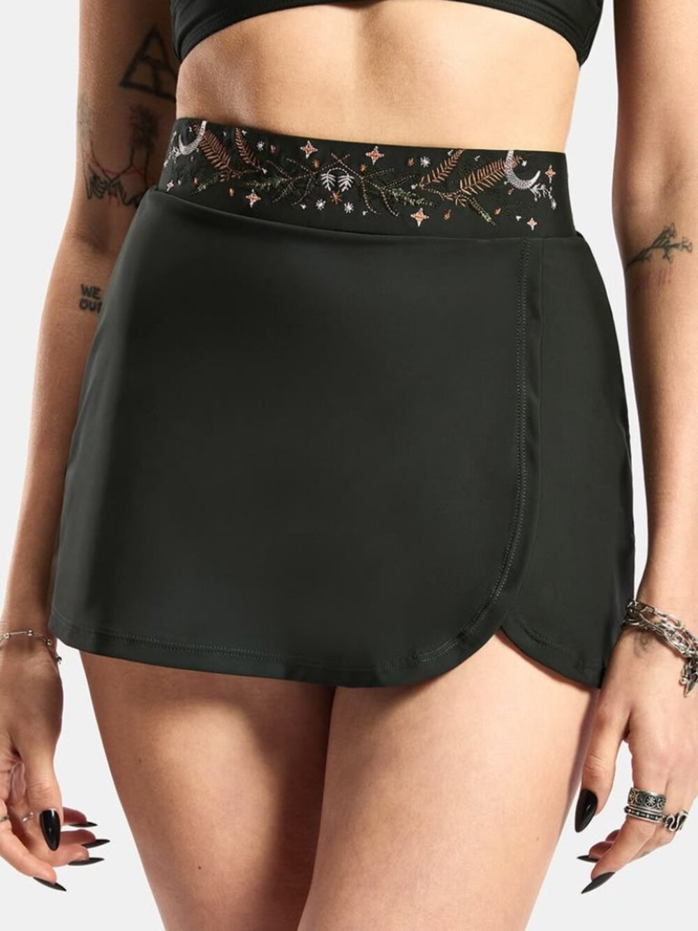 DISTURBIA Abellona green embroidered faux wrap swim skirt US6